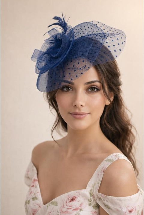 Feather & Polka Veil Fascinator In Navy by SVNX