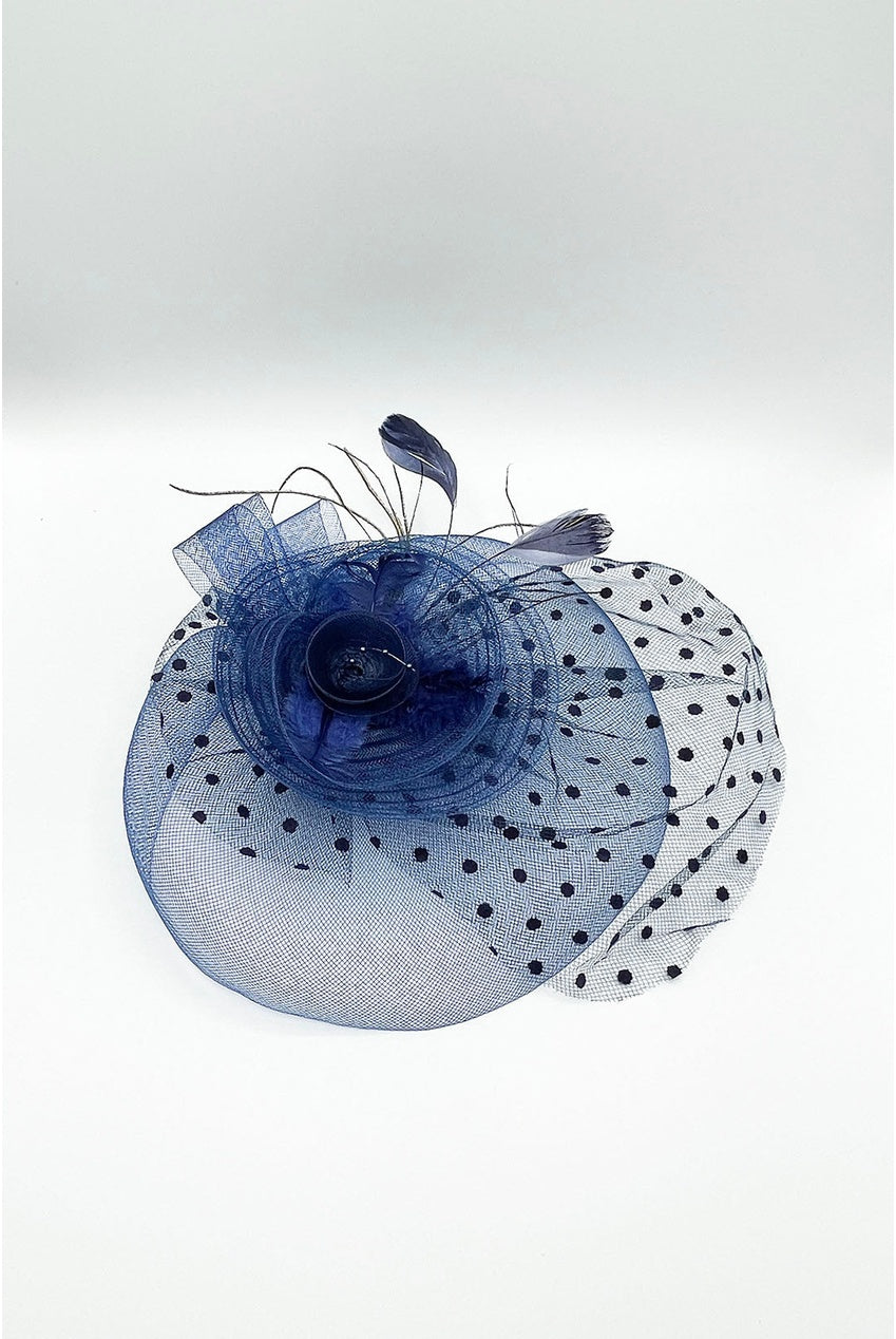 Feather & Polka Veil Fascinator In Navy HA302915