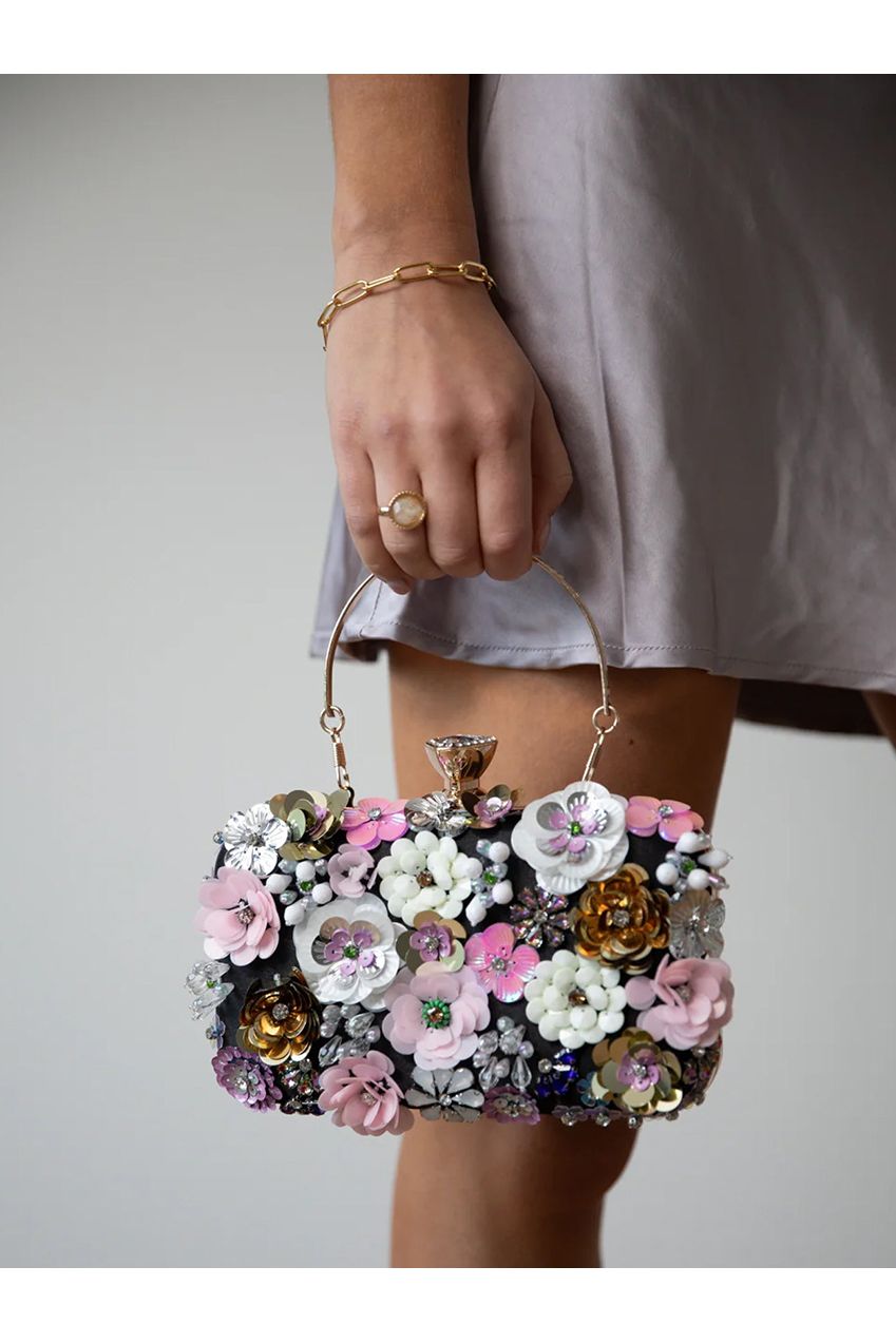 Black Floral Applique Clutch Bag HB323302