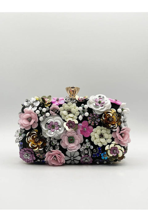 Black Floral Applique Clutch Bag by SVNX
