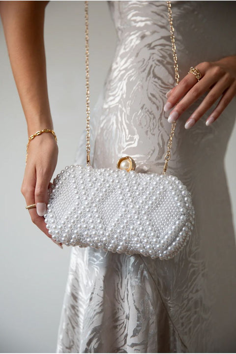 White Pearl Beaded Clutch Bag by SVNX