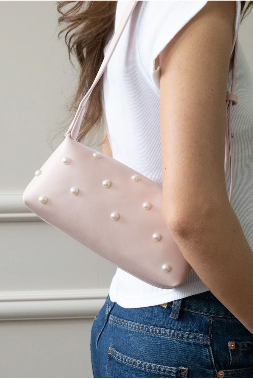 Pink Shoulder Bag With Pearl Studs HB329409