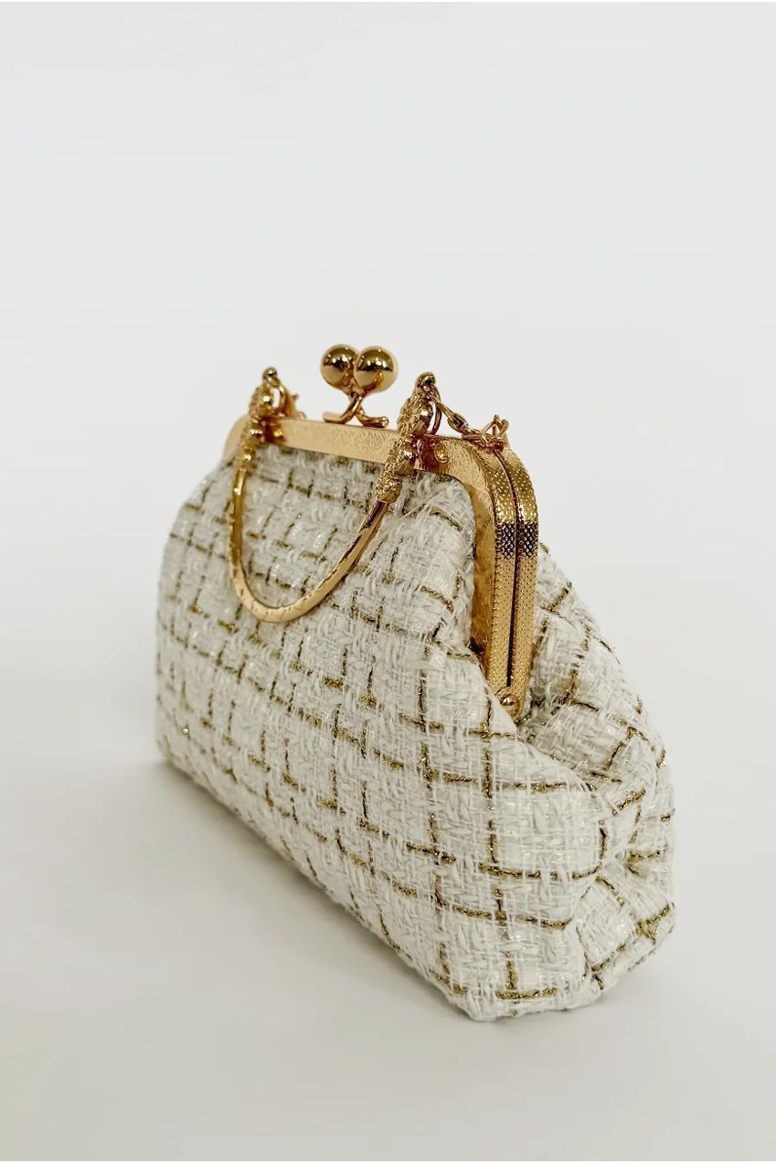 White And Gold Boucle Cross Body Bag HB329807