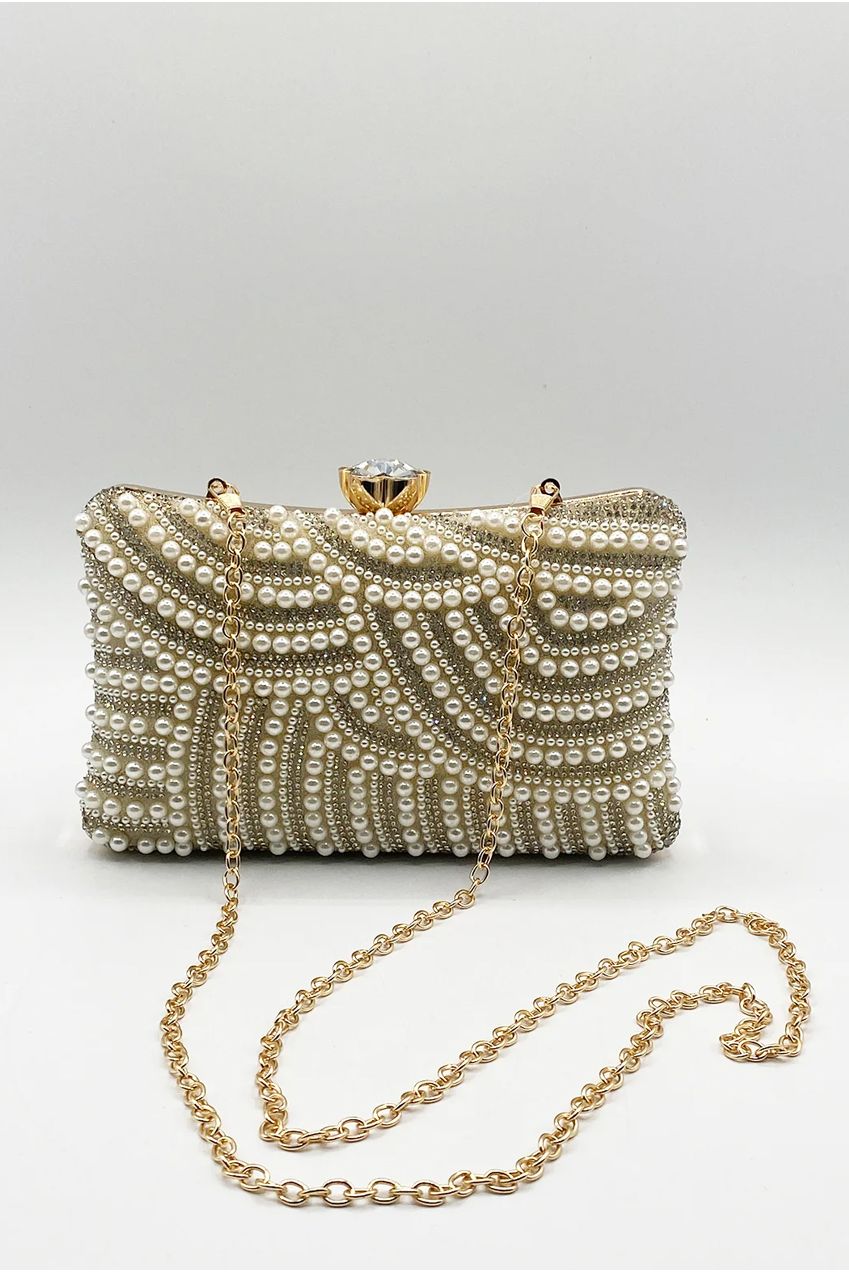 Luxurious Gold Pearl Embellished Clutch Bag HB332024