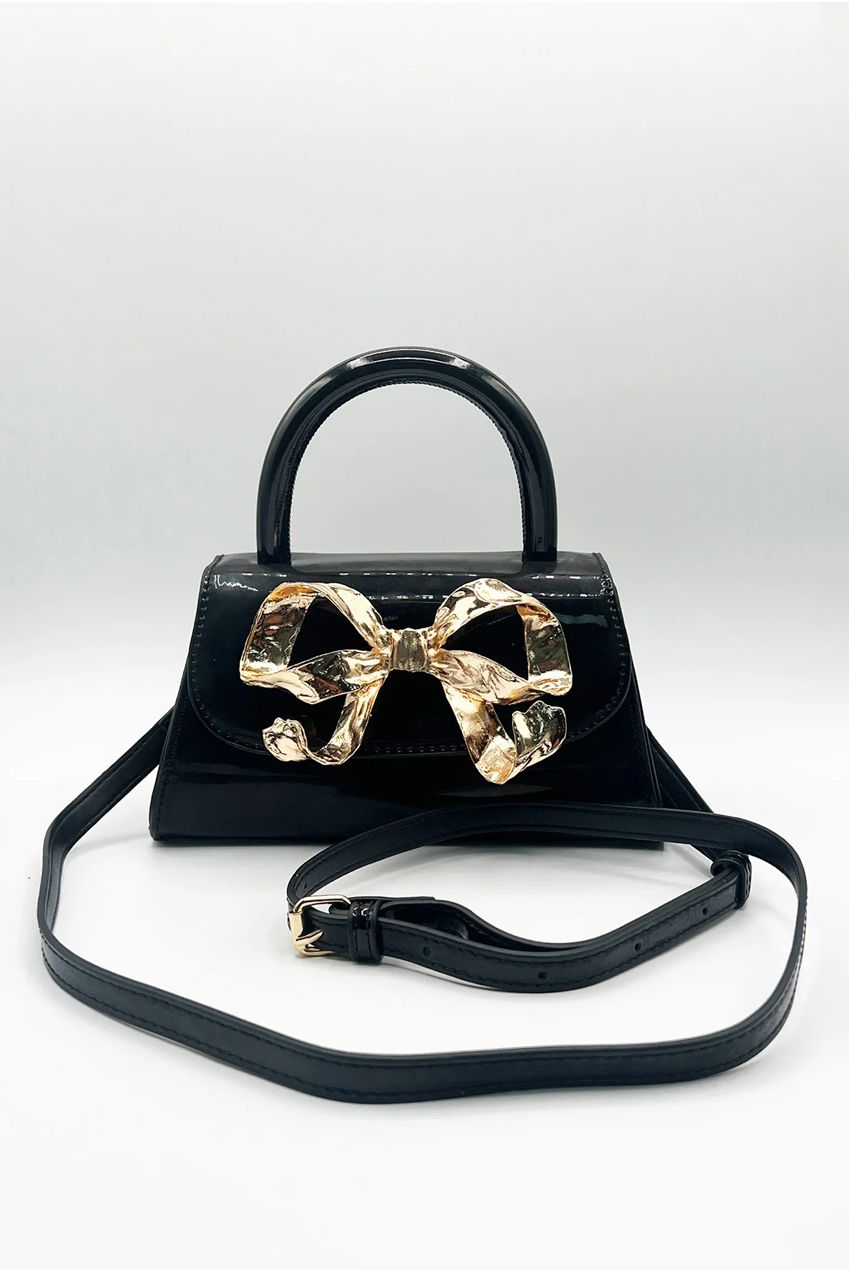 Metallic Bow Top Handle Bag In Black HB342602