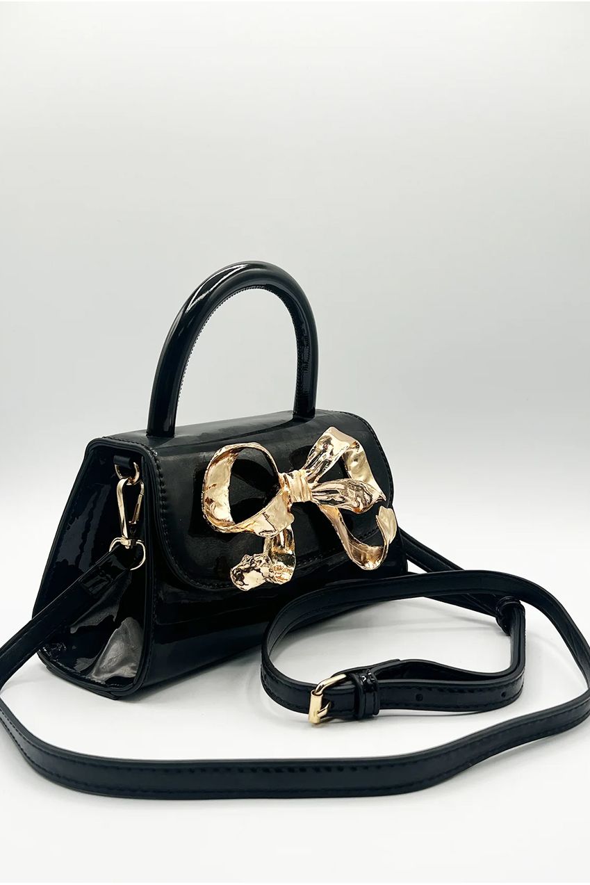 Metallic Bow Top Handle Bag In Black HB342602