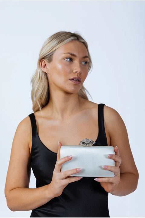 Satin Clutch Bag With Rose Jewel In Ivory by SVNX