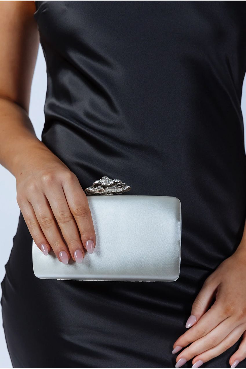 Satin Clutch Bag With Rose Jewel In Ivory HB342707