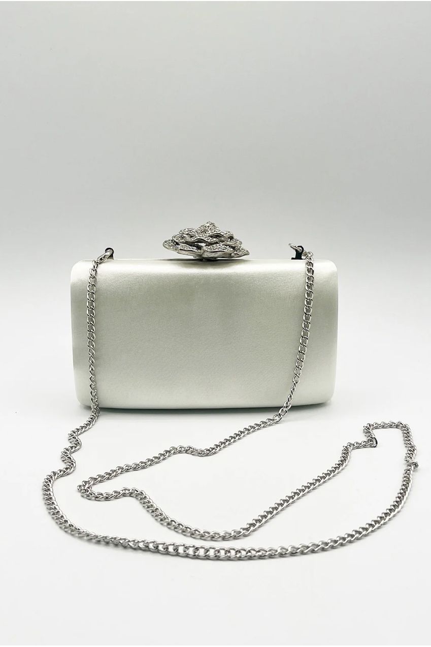 Satin Clutch Bag With Rose Jewel In Ivory HB342707