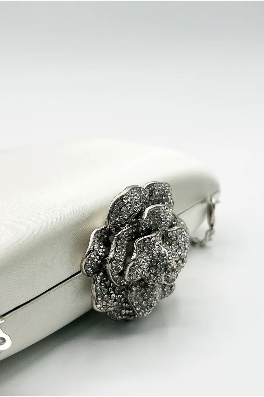 Satin Clutch Bag With Rose Jewel In Ivory HB342707