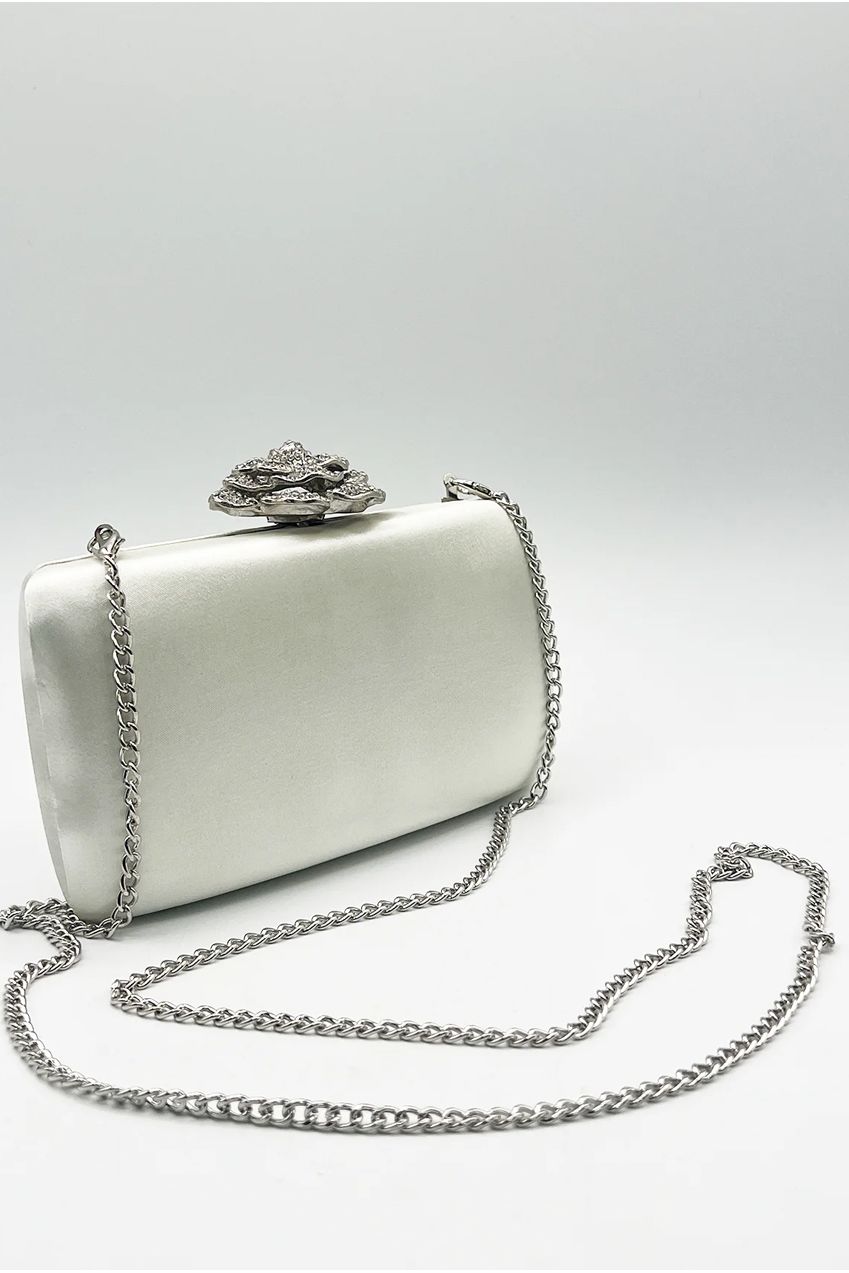 Satin Clutch Bag With Rose Jewel In Ivory HB342707
