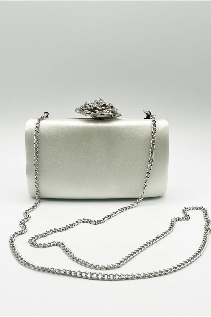 Satin Clutch Bag With Rose Jewel In Ivory HB342707