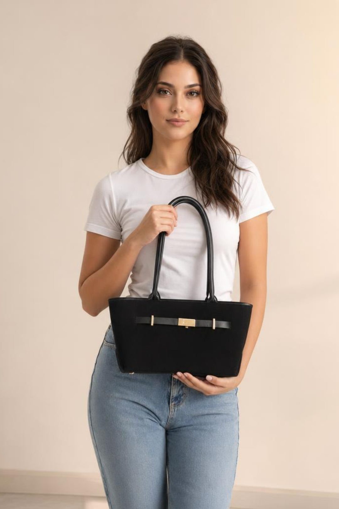 Faux Suede Top‑Handle Shoulder Bag - Black HB349002
