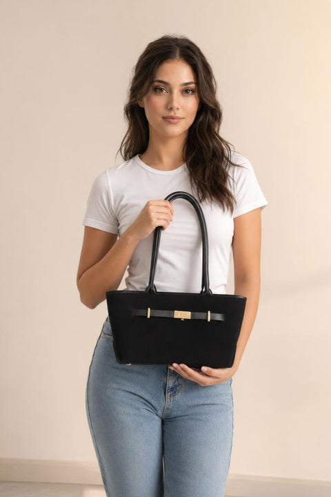 Faux Suede Top‑Handle Shoulder Bag - Black by SVNX