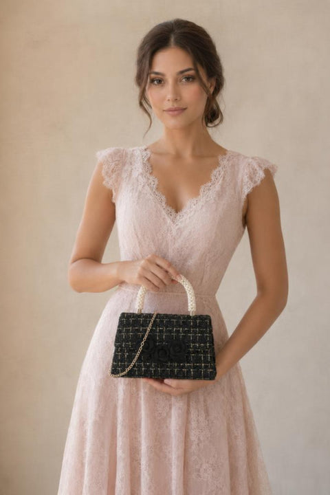 Tweed Top-Handle Handbag With Pearl Handle And Floral Applique by SVNX
