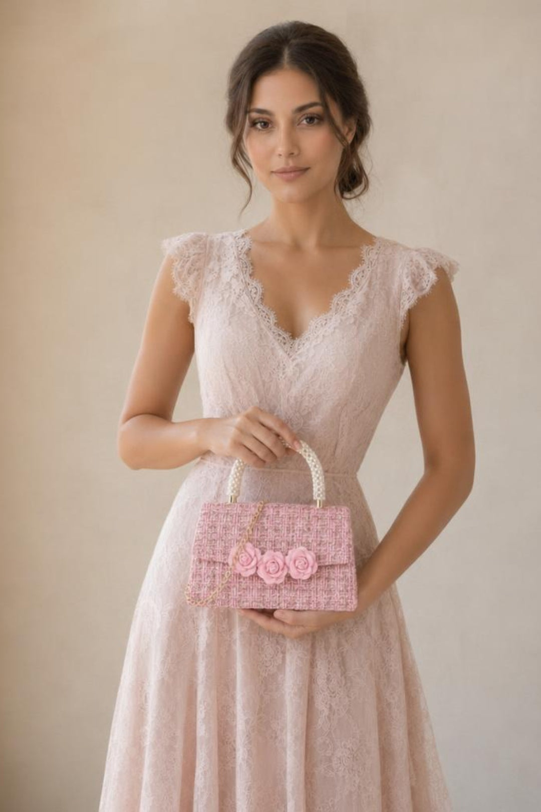 Tweed Top-Handle Handbag With Pearl Handle And Floral Applique HB349209