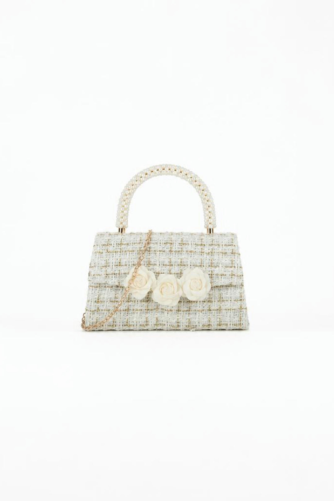 Tweed Top-Handle Handbag With Pearl Handle And Floral Applique HB349220