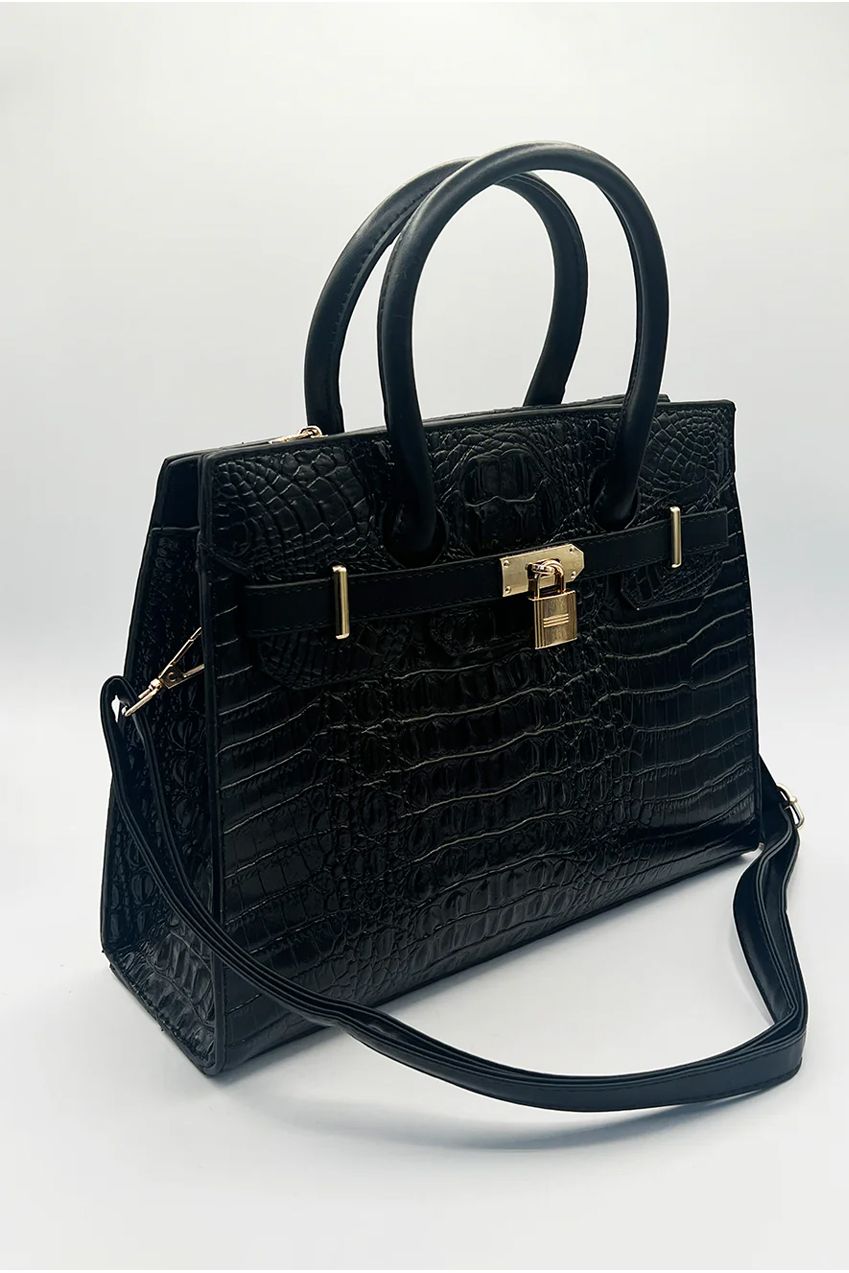 Croc Buckle Top Handle Bag In Black HB350902