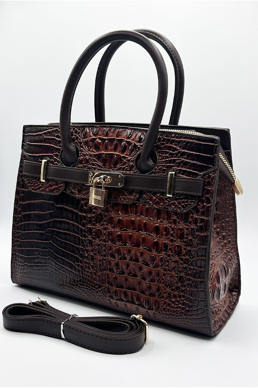 Croc Buckle Top Handle Bag In Brown HB350906