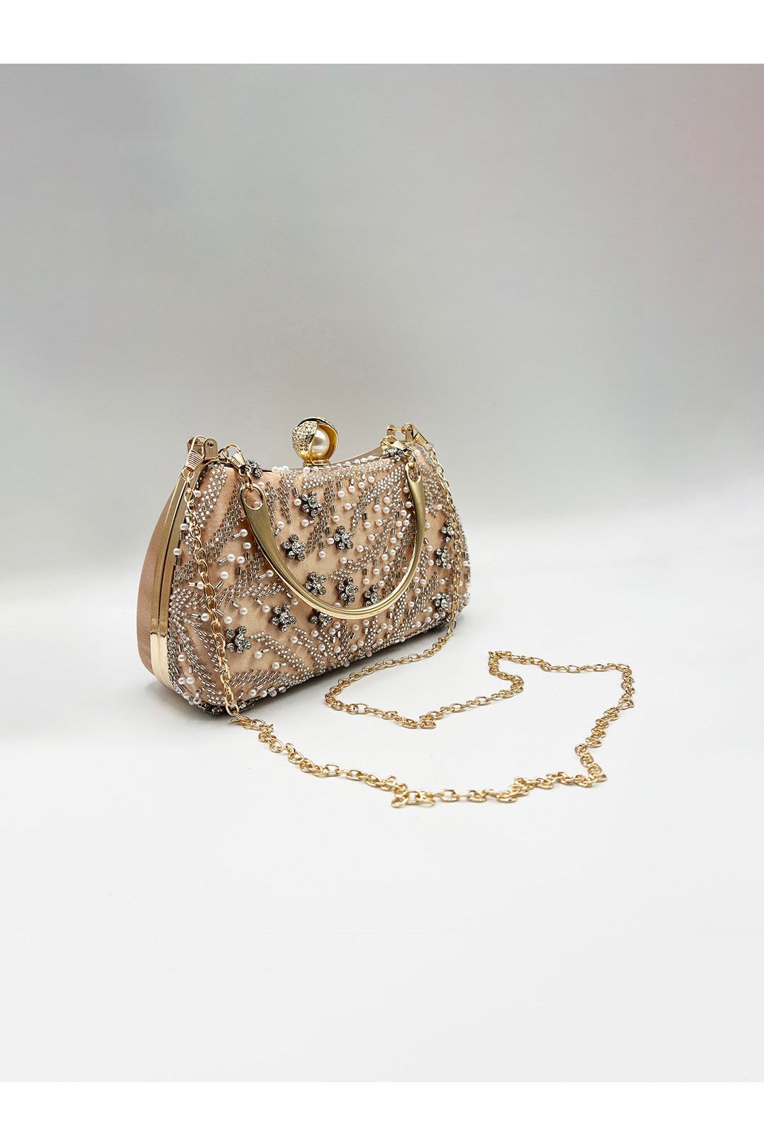 Floral Beaded Clutch Bag In Champagne HB361808