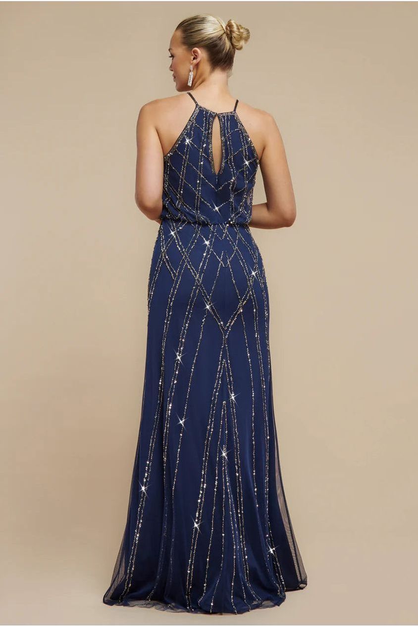 Racer Neck Sleeveless Hand Embellished Sequin Maxi Dress - Navy Blue DR2889
