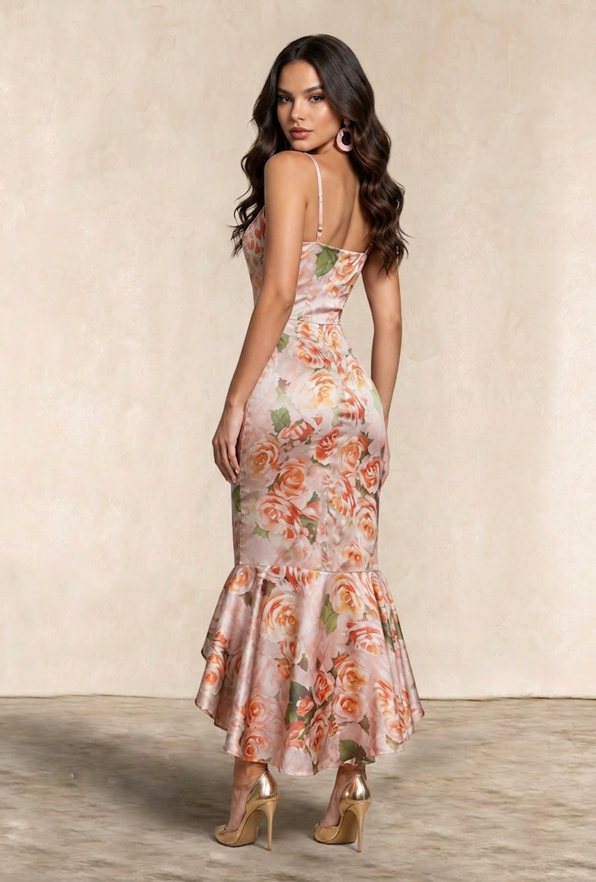 Sleeveless Floral Print Ruffle Midi Dress In Pink IM1630PI