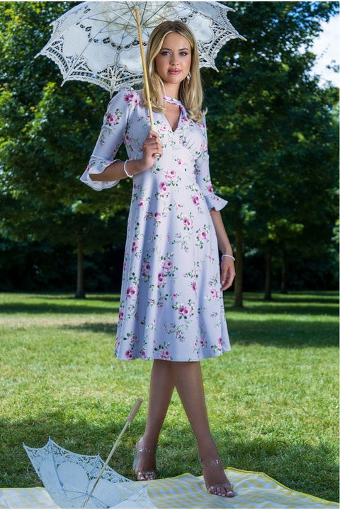 Floral Printed Flared Sleeve Midi - Lilac by Goddiva