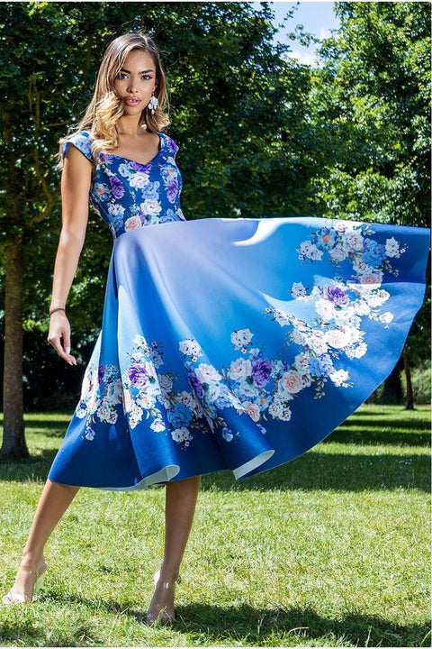 Floral Printed Scuba Foam Skater Dress - Blue by Goddiva