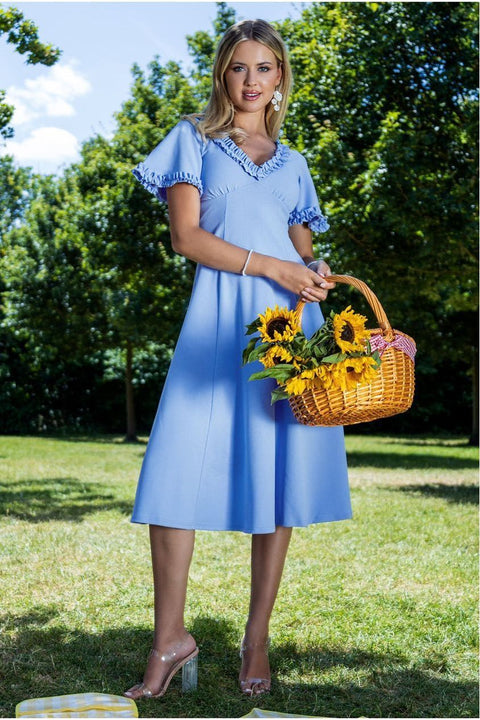 Flare Sleeve Frill Edge Midi Dress - Cornflower Blue by Goddiva