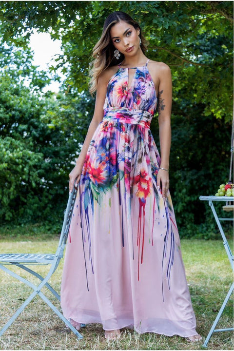 Floral Printed Chiffon Halter Maxi Dress - Blush Floral by Goddiva