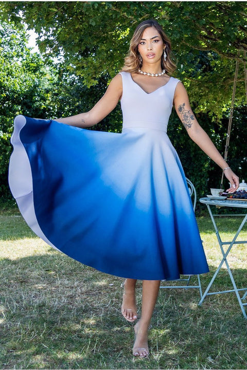 Ombre Scuba Foam Bardot A-Line Midi Dress - Light Blue by Goddiva