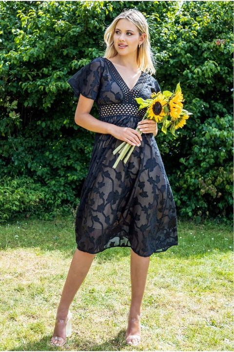 Jacquard Lurex Burnout A Line Midi Dress - Black by Goddiva