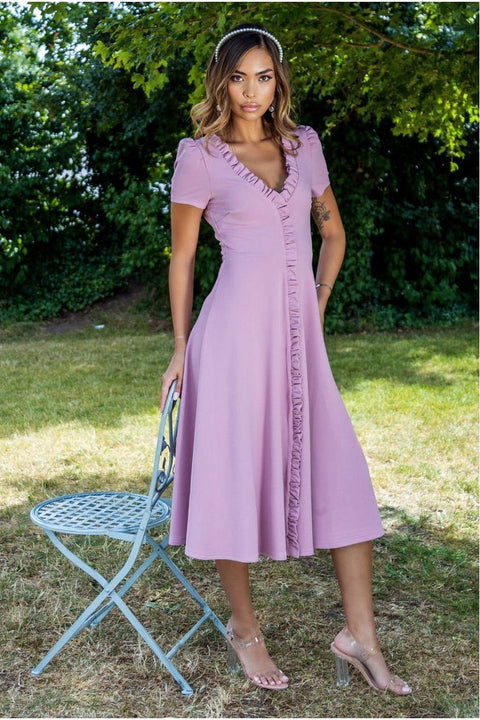 Front Frill Flared Scuba Midi Dress - Rose Pink by Goddiva