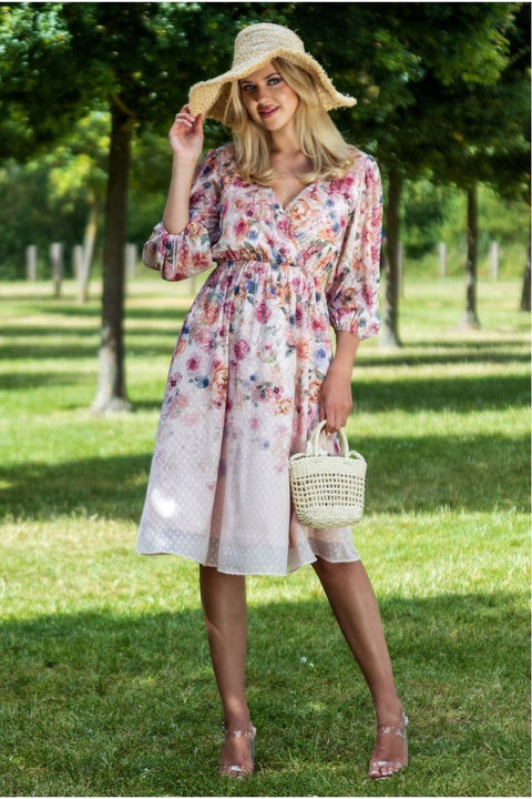 Ombre Floral Printed Wrap Midi Dress - Ivory by Goddiva