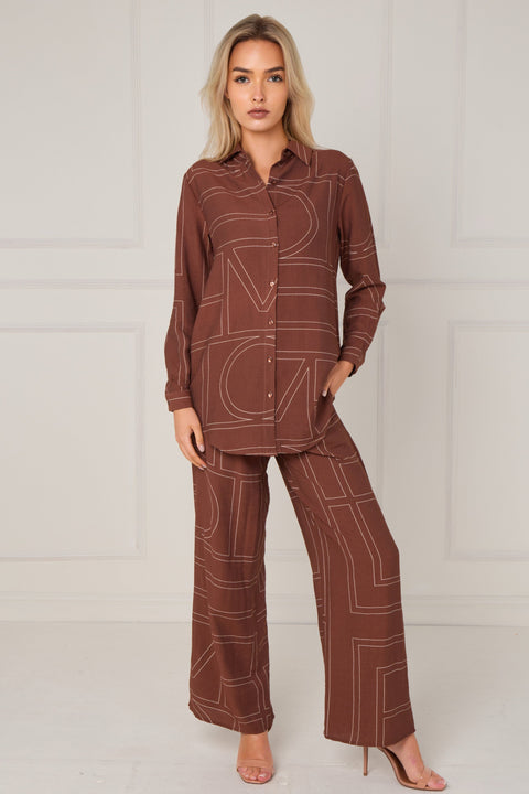 Chocolate Geometric Line Print Wide-Leg Co-ord by LOVE SUNSHINE