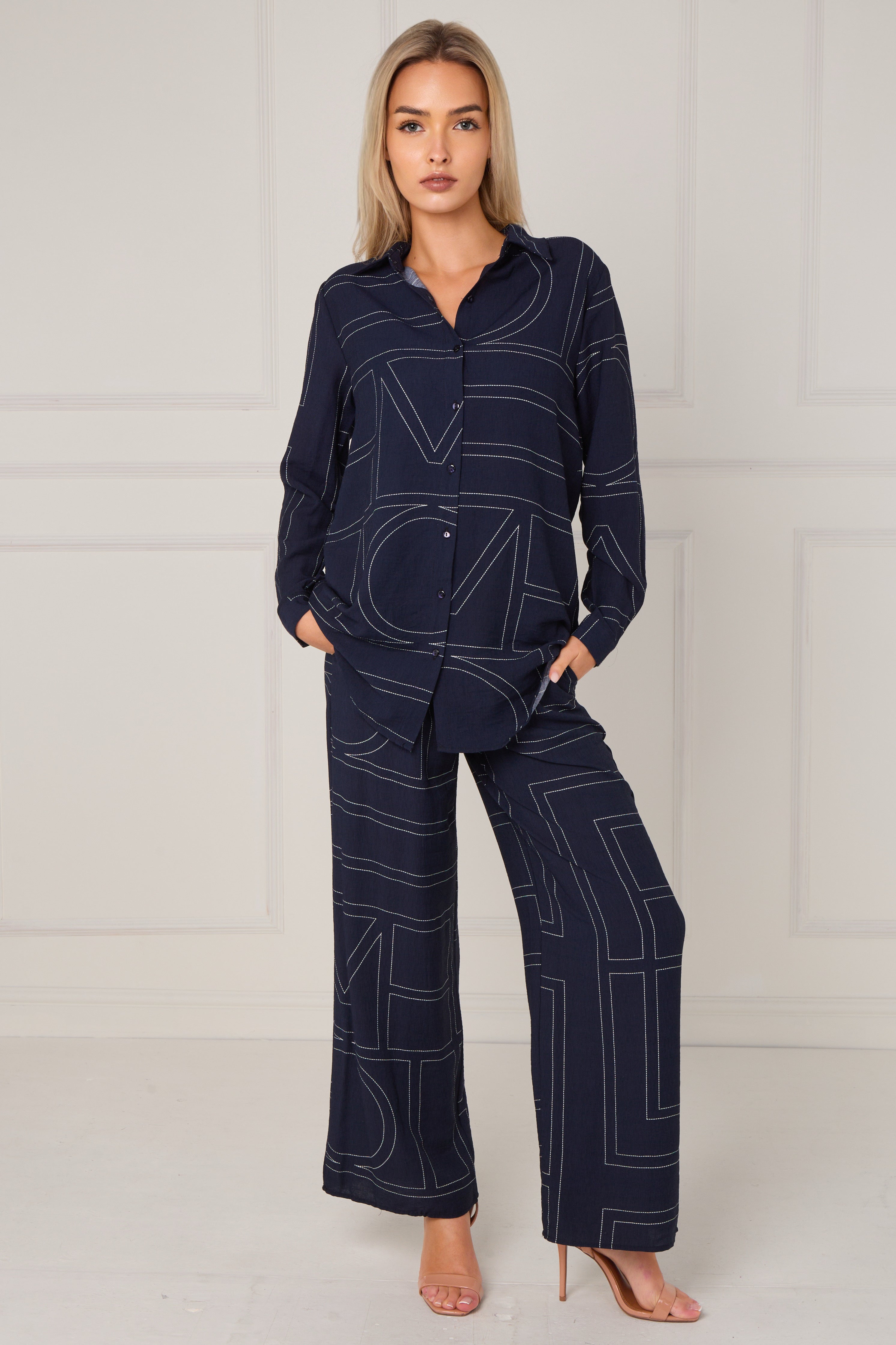 Navy Geometric Line Print Wide-Leg Co-ord LS-5002&9057-TZ20