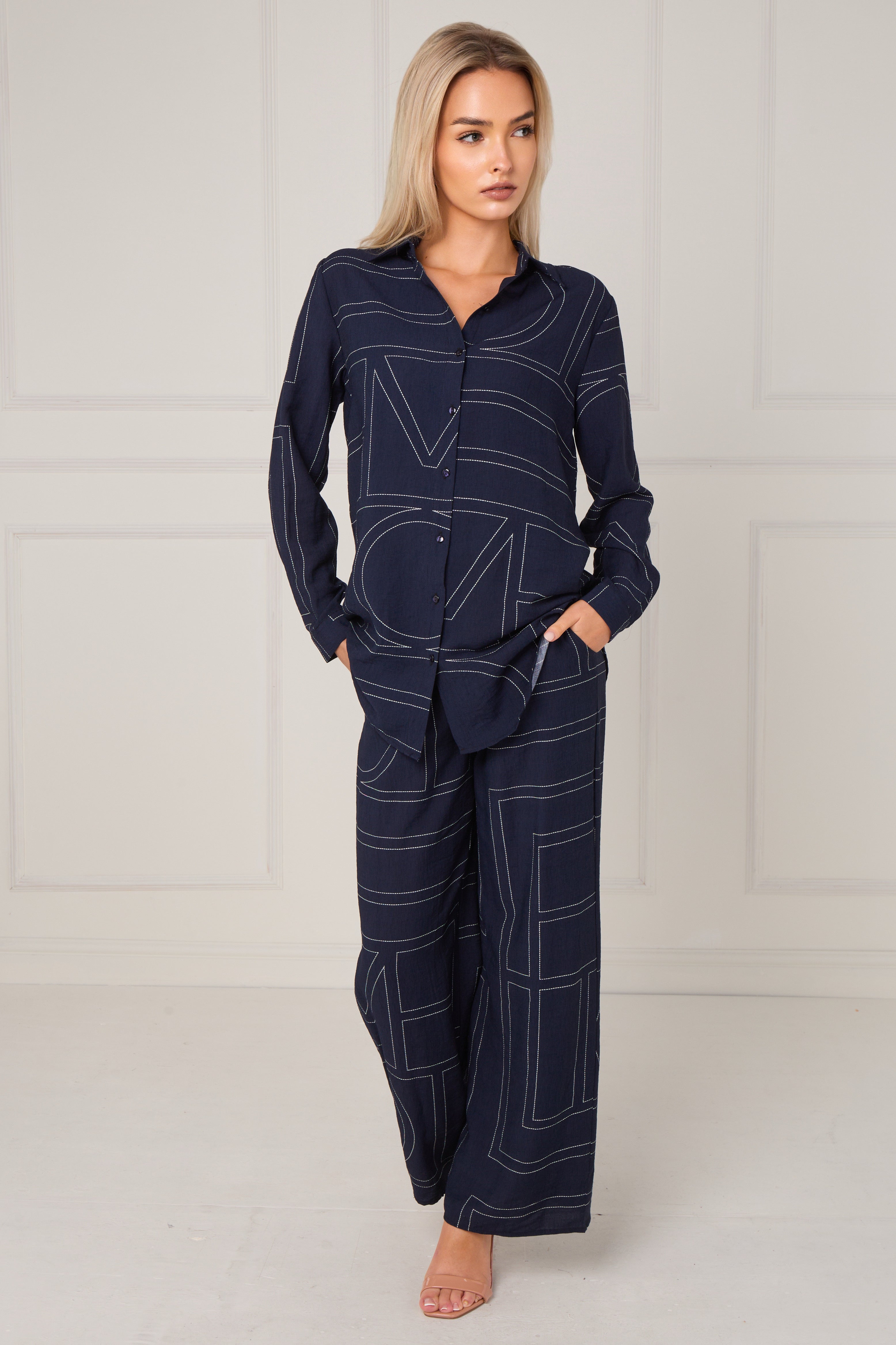 Navy Geometric Line Print Wide-Leg Co-ord LS-5002&9057-TZ20