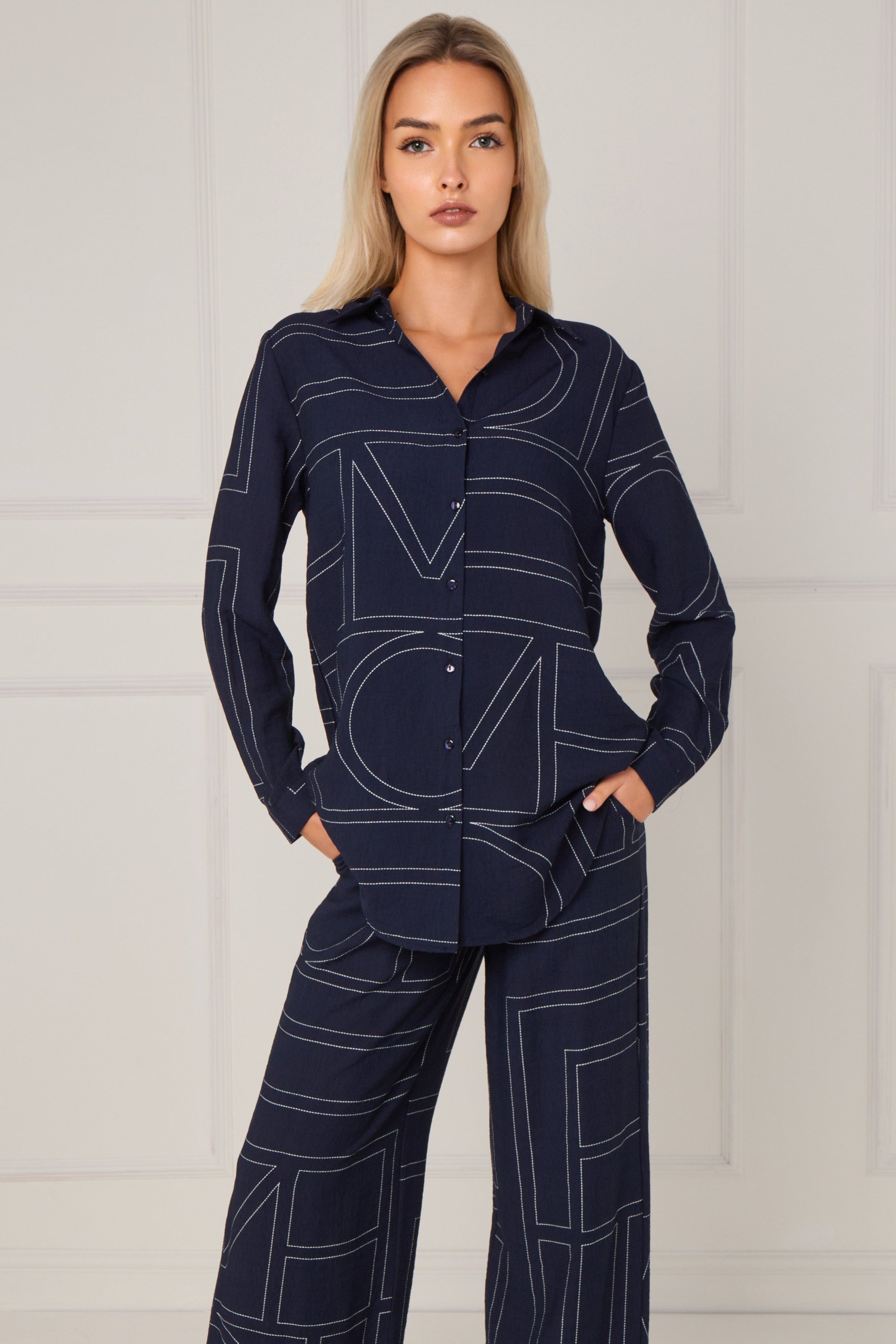 Navy Geometric Line Print Wide-Leg Co-ord LS-5002&9057-TZ20