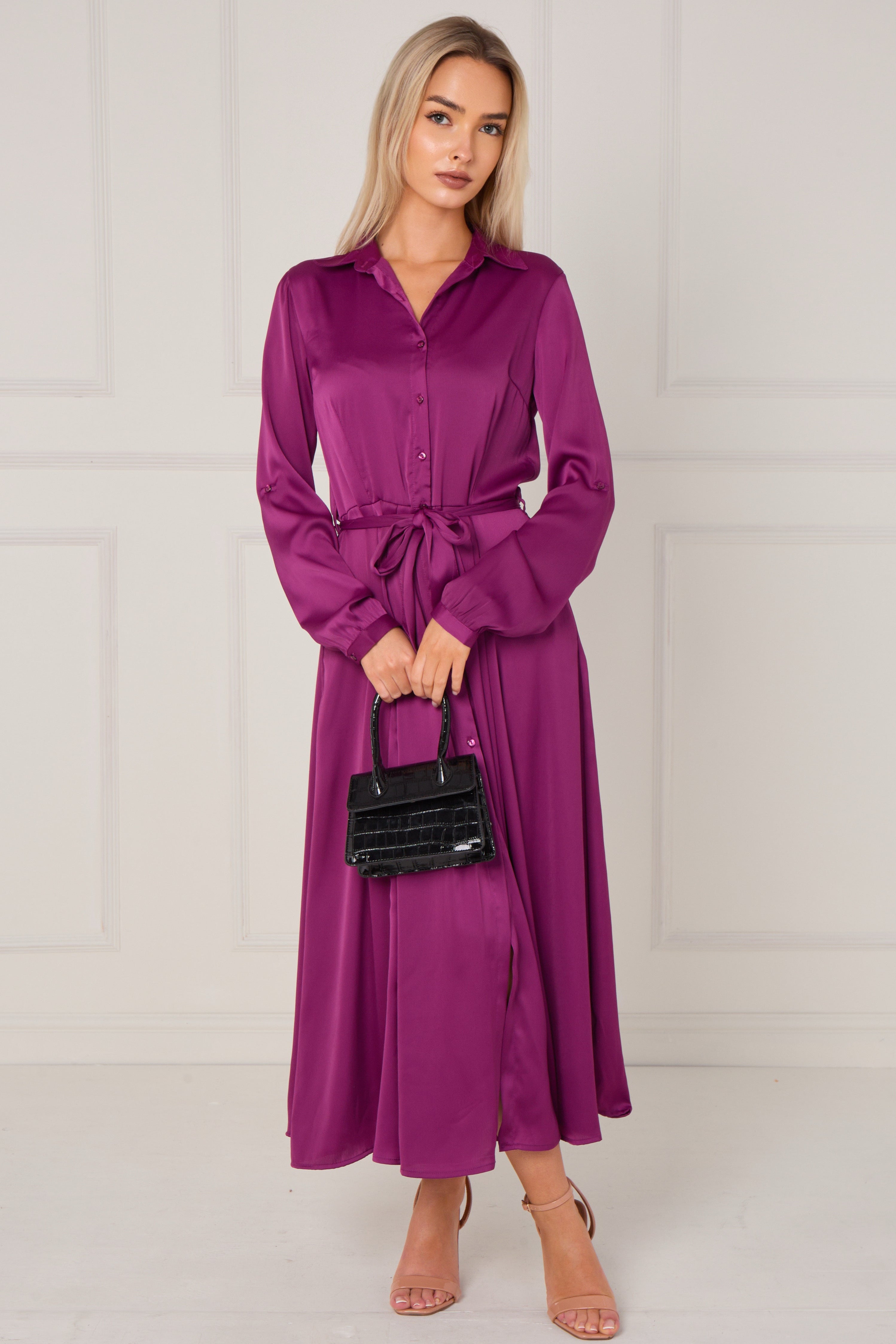 Magenta Layered Satin Long Sleeve Maxi Shirt Dress LS-2037-8078-61