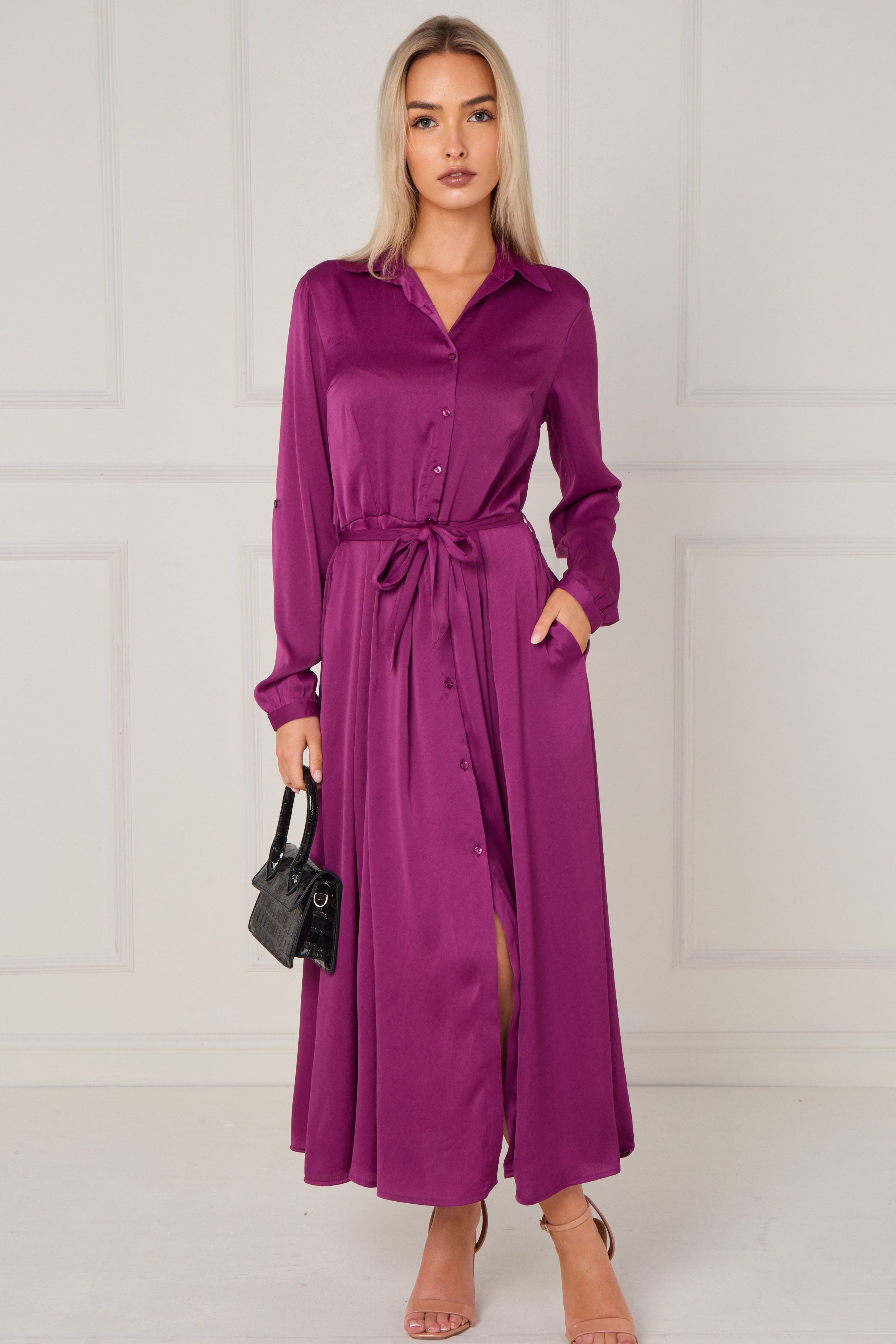 Magenta Layered Satin Long Sleeve Maxi Shirt Dress LS-2037-8078-61