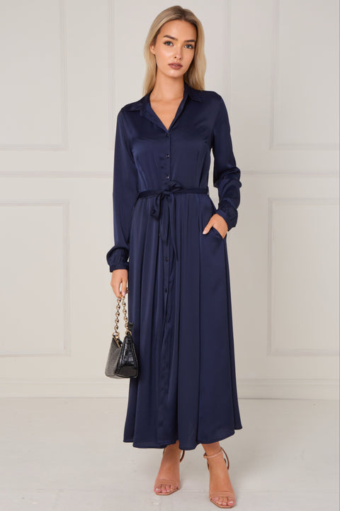 Navy Layered Satin Long Sleeve Maxi Shirt Dress by LOVE SUNSHINE
