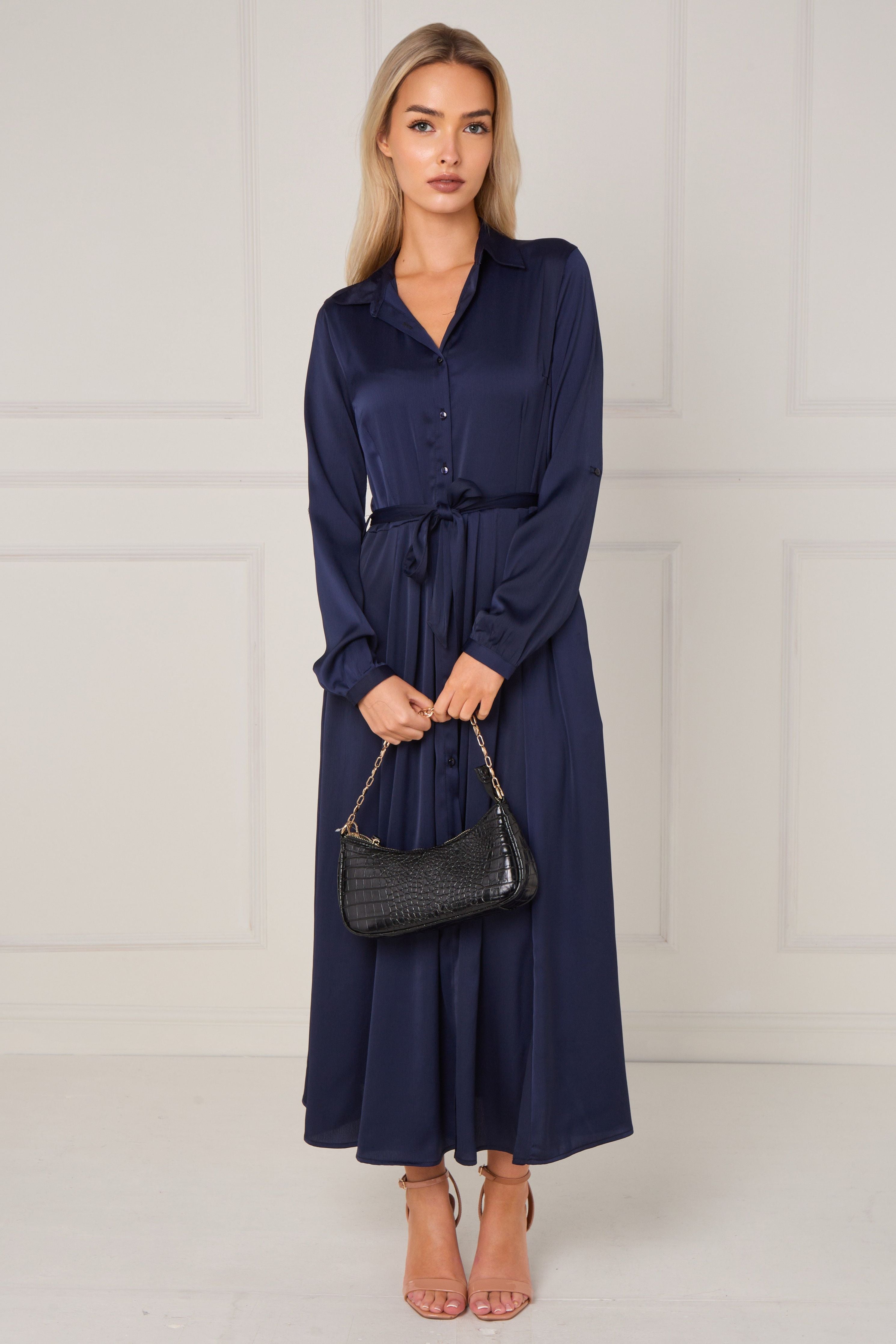 Navy Layered Satin Long Sleeve Maxi Shirt Dress LS-2037-8078-32