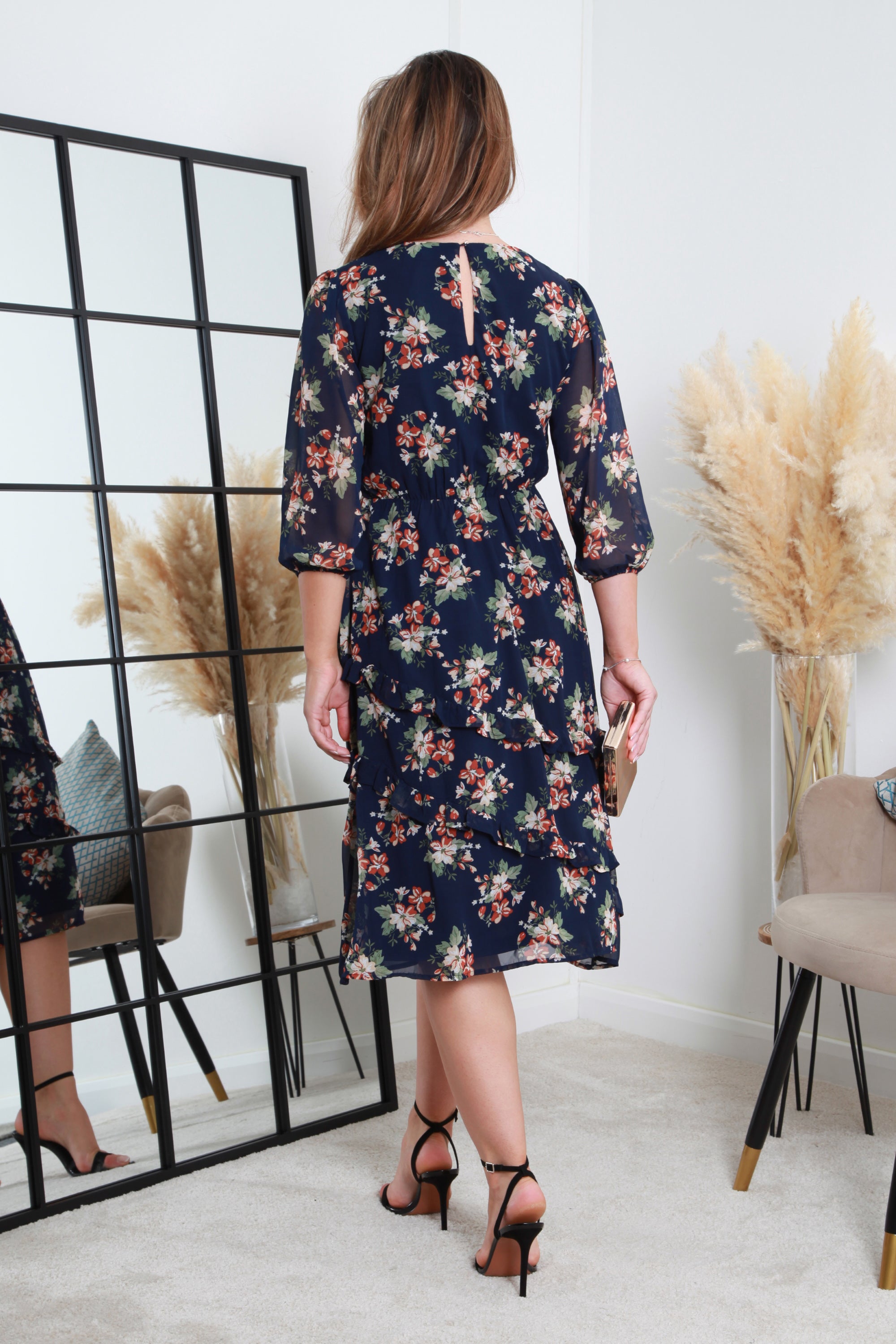 Printed Navy Wrap Dress With Tiered Frill Detail DR0000402
