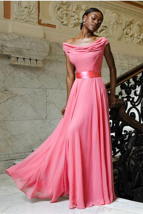 Cowl Neck A-Line Chiffon Maxi Dress - Coral by Goddiva