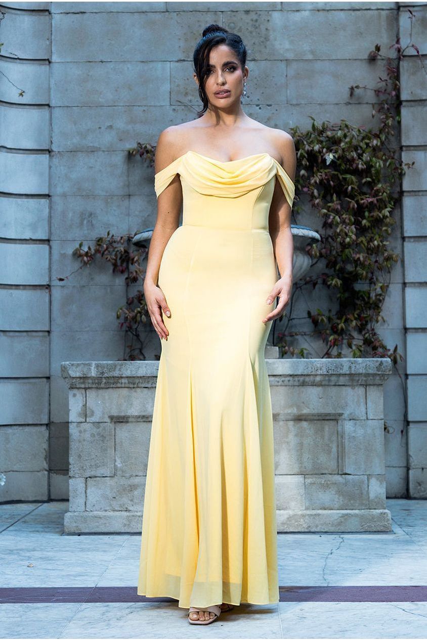 Chiffon Bardot Cowl Neck Maxi Dress - Lemon DR2781A
