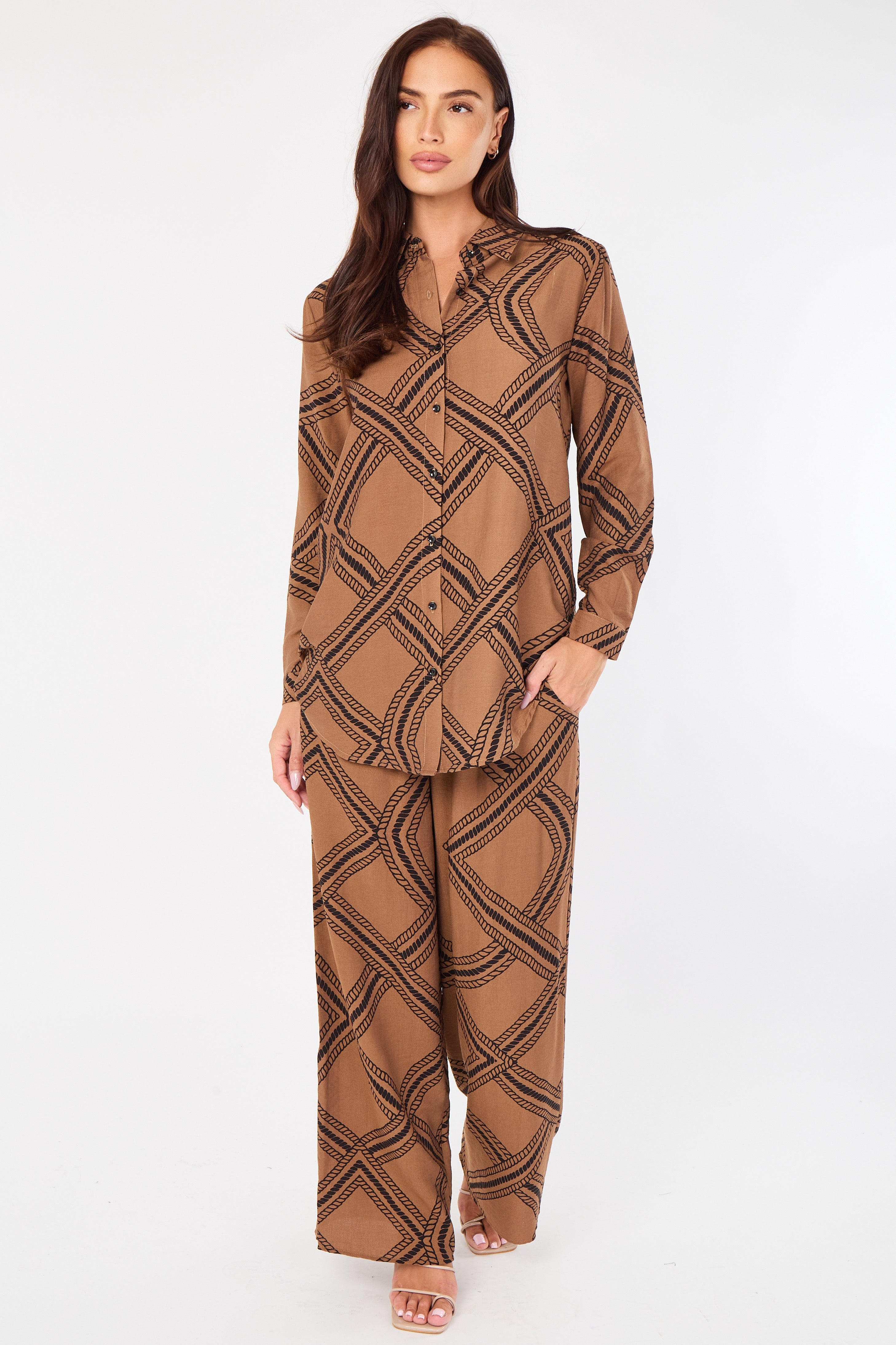 Brown Rope Lattice Print Wide-Leg Co-ord LS-5002&9057-TZ24