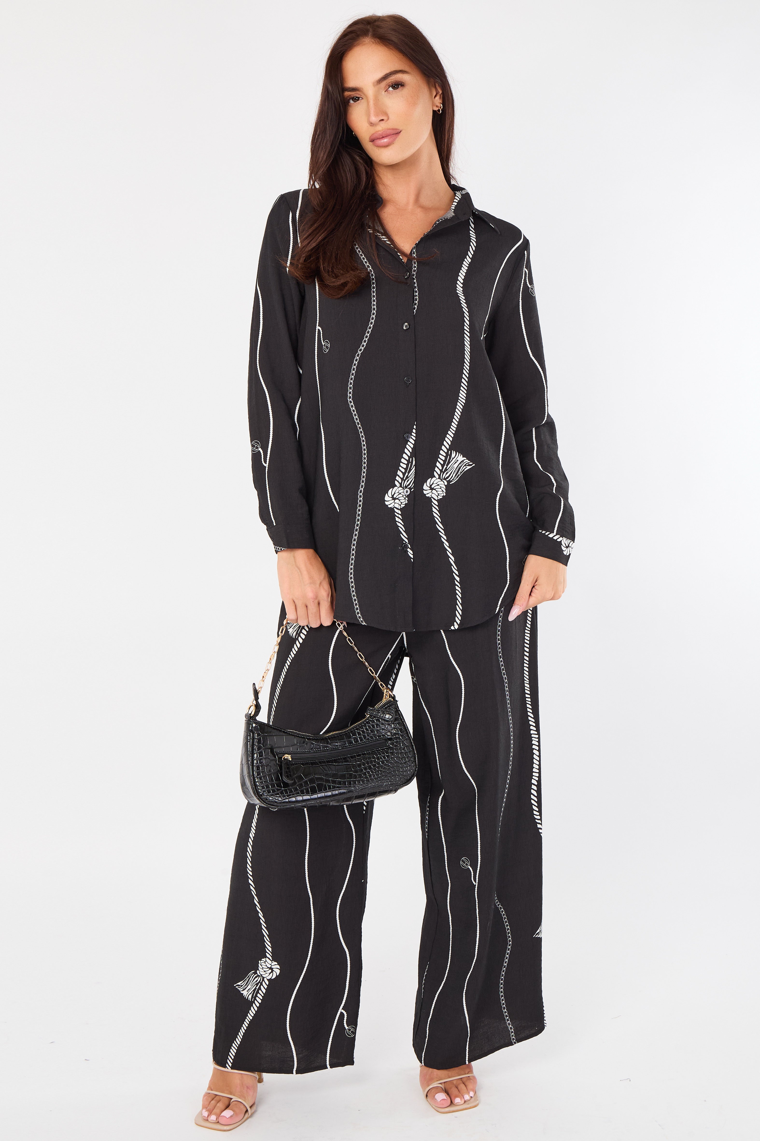 Black Rope Stripe Print Wide-Leg Co-ord LS-5002&9057-TZ23