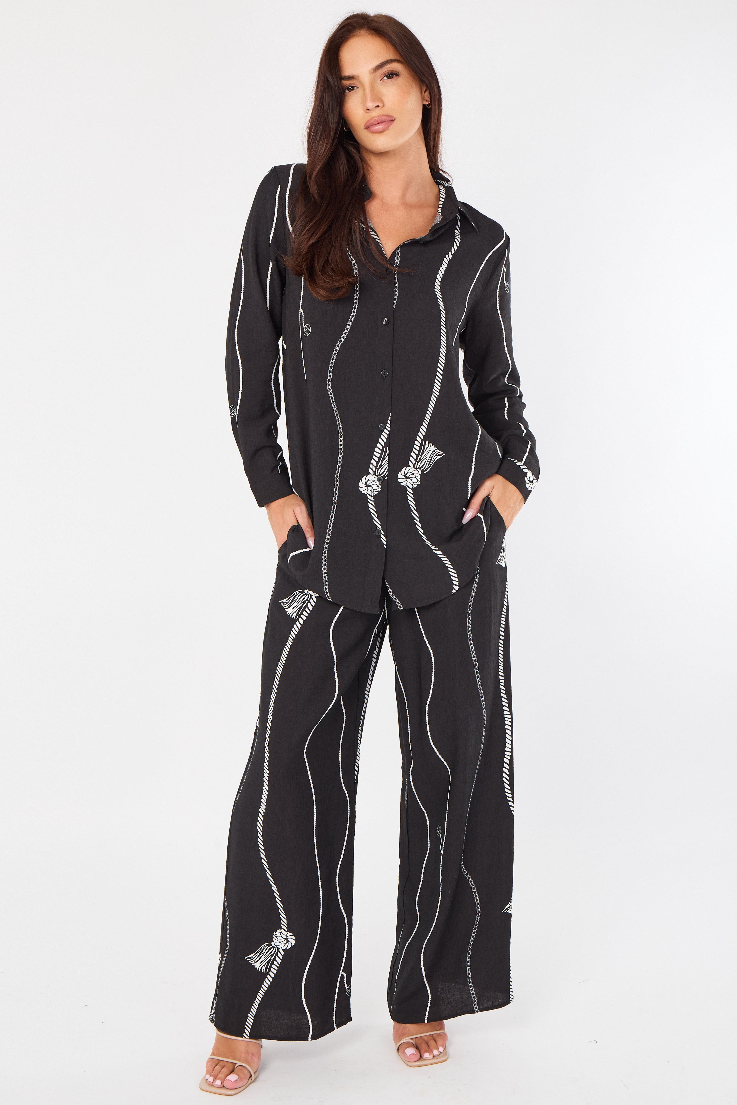 Black Rope Stripe Print Wide-Leg Co-ord LS-5002&9057-TZ23