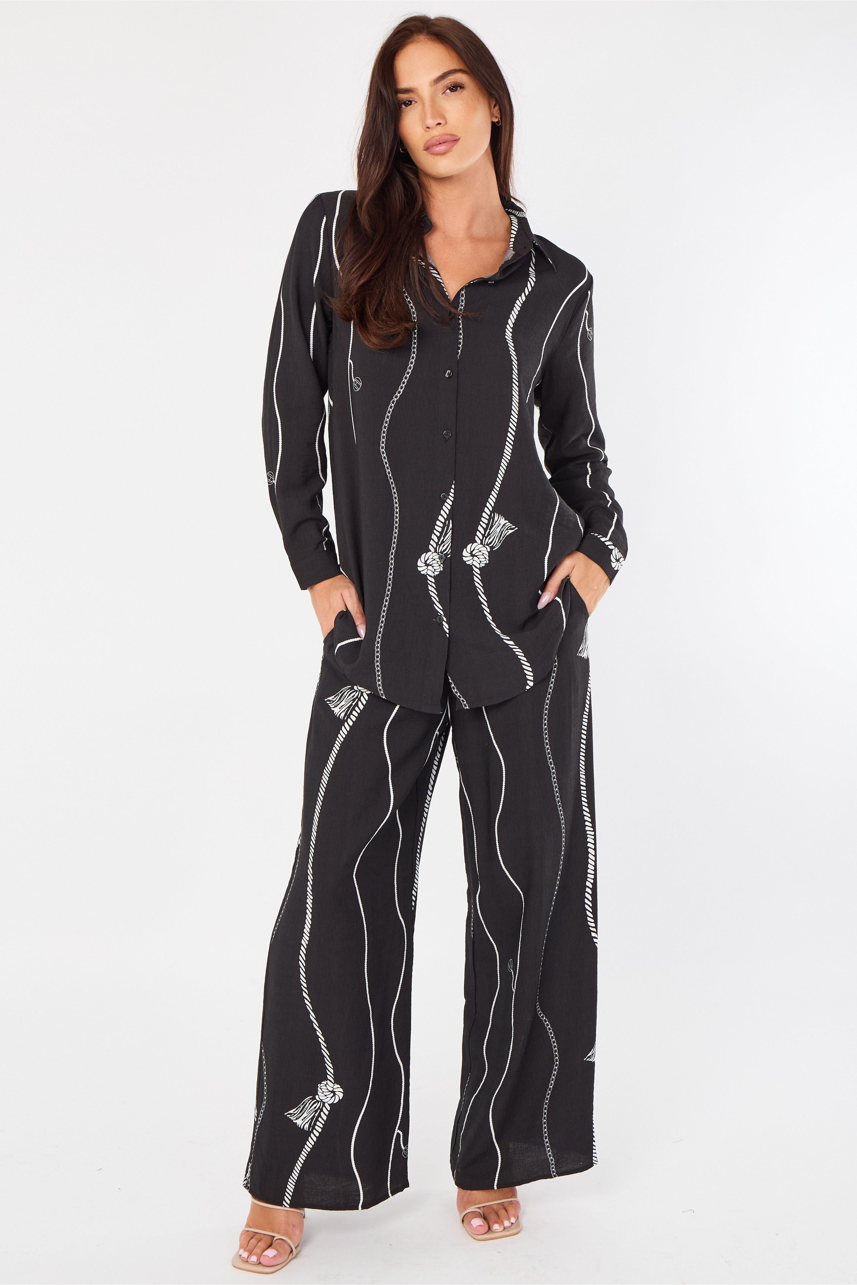 Black Rope Stripe Print Wide-Leg Co-ord LS-5002&9057-TZ23