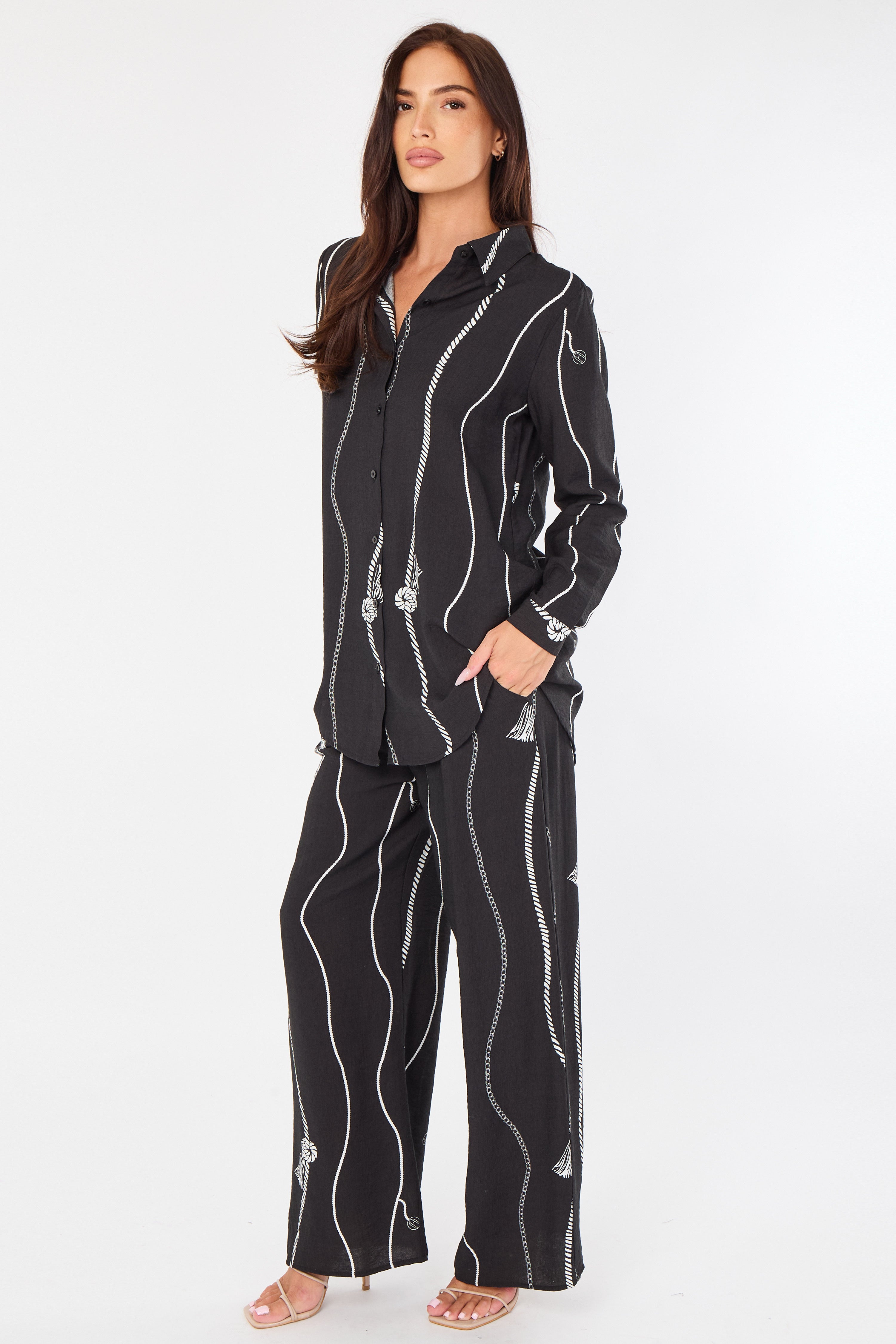 Black Rope Stripe Print Wide-Leg Co-ord LS-5002&9057-TZ23